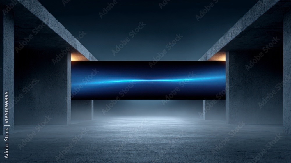 Aufkleber futuristic concrete structure featuring a horizontal blue light display with atmospheric fog