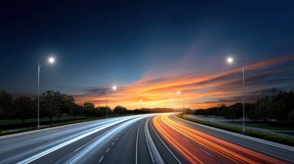 Vibrant sunset over a busy highway with light trails from vehicles and illuminated streetlights.