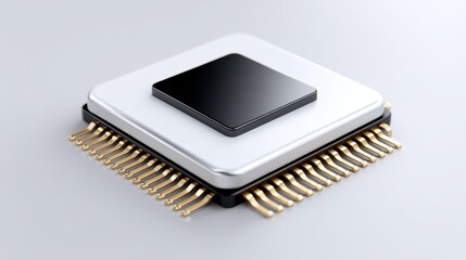High-tech microprocessor with golden pins on a sleek surface.