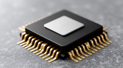 Close-up of a black and gold microprocessor on a textured surface.