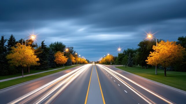 Autumn evening with glowing street lights lining a tranquil road under stormy skies.