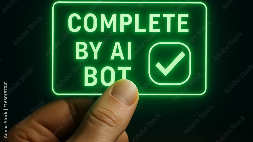 Poster complete ai bot held by hand glowing green light symbolizing automatic task system success with glow
