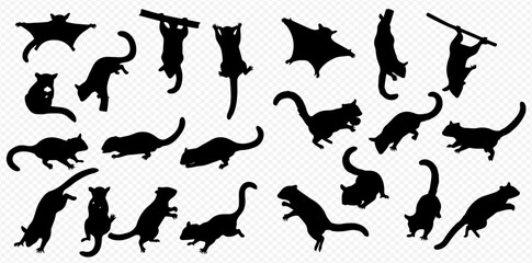 A collection of black silhouettes of flying squirrels in various dynamic poses such as gliding, climbing, hanging, and standing.
