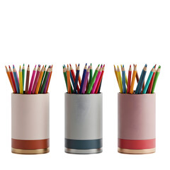 Three different containers filled with colorful pencils stand isolated on white or a transparent background, PNG format.