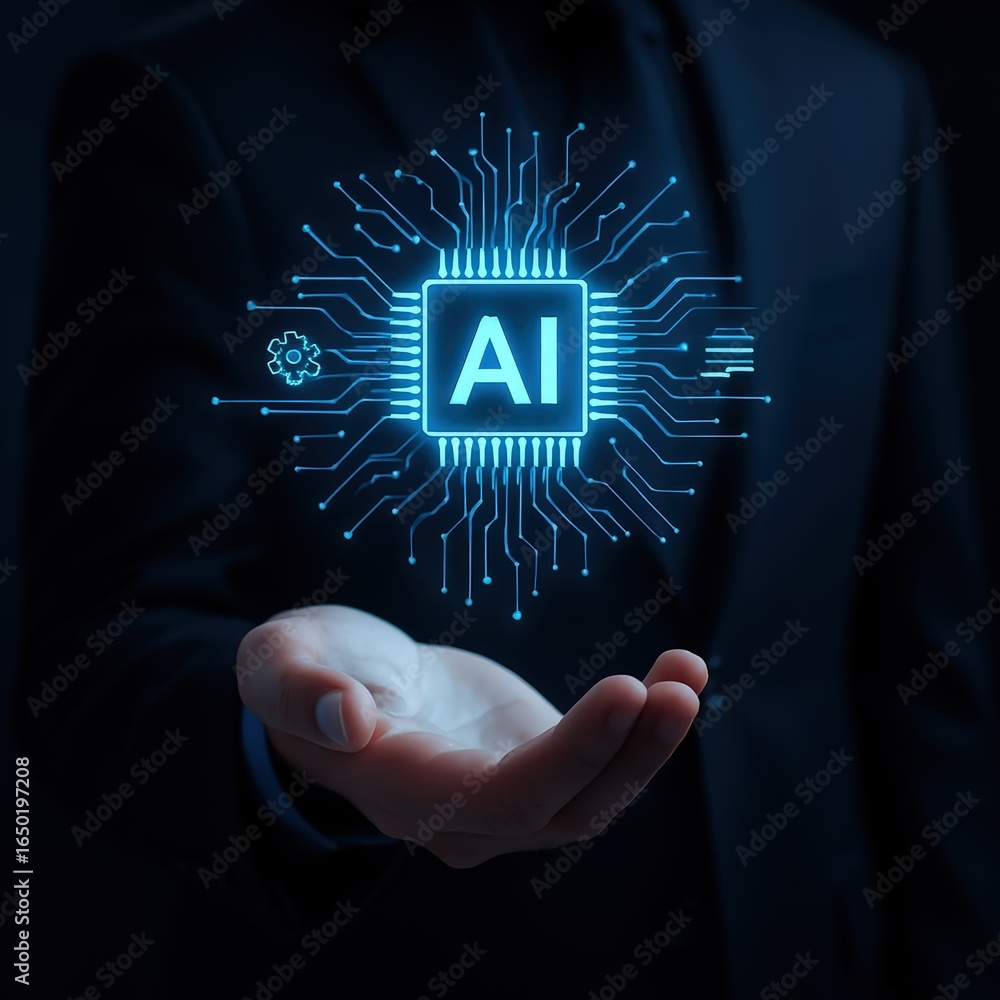 Poster hologram of artificial intelligence chip displayed in hand.