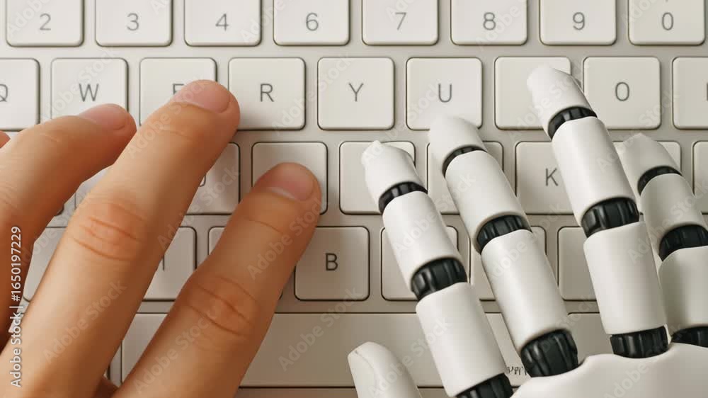 Poster human finger and robot hand typing keyboard demonstrating artificial technology and ai automatic sys