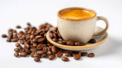 Obraz premium Coffee cup on saucer surrounded by roasted coffee beans on white table