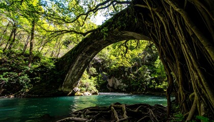 Lush greenery surrounds a stone arch bridge over a tranquil river.