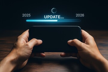 Person holding a smartphone with an update progress bar.