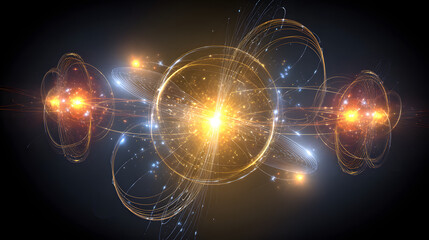 Celestial bodies linked by harmonic resonance lines, dancing in space with a fading phantom planet.