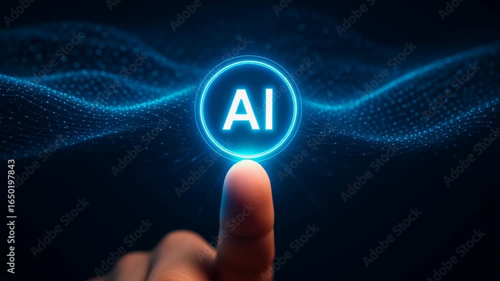Poster artificial intelligence and ai technology with finger pressing glowing digital button for automatic 