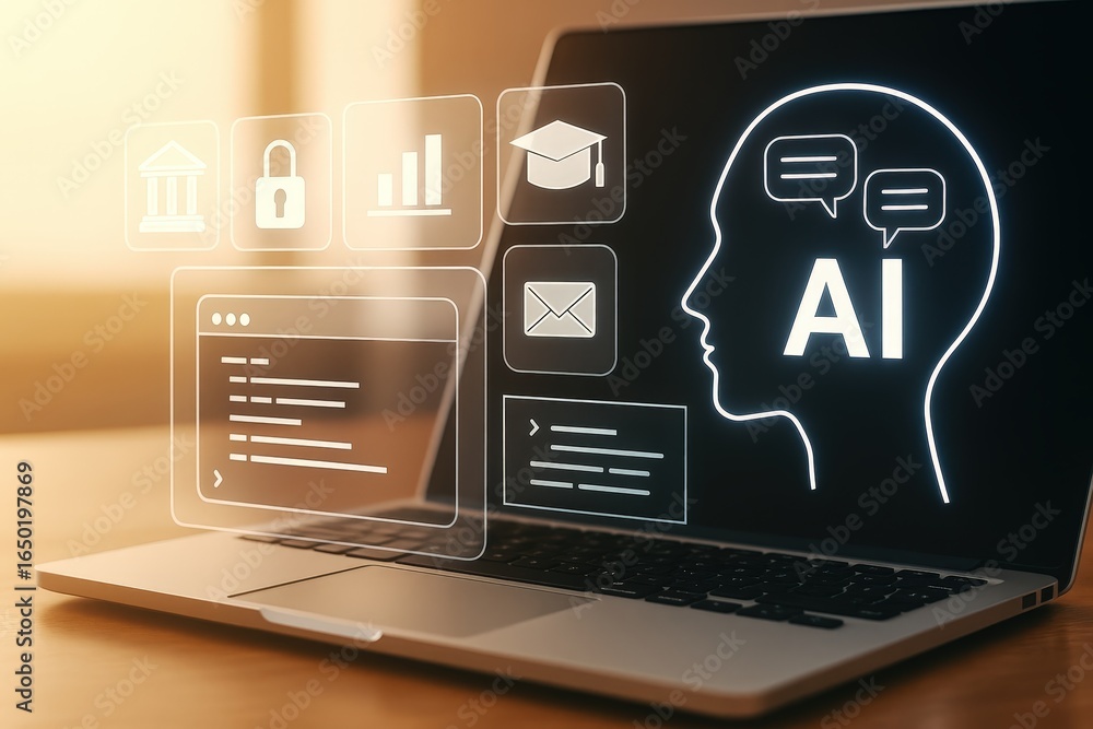 Poster digital interface with artificial intelligence icons.