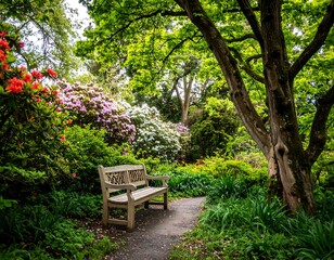 Scenic tranquility bench nestled among lush botanical gardens captivating natures beauty
