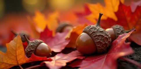 Shiny brown acorns scattered on a bed of crimson and gold autumn leaves , crisp, detal