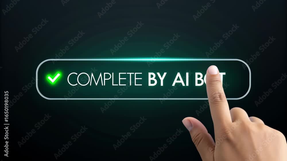 Poster automatic task system ai completion with hand and finger pointing touchscreen button digital interfa