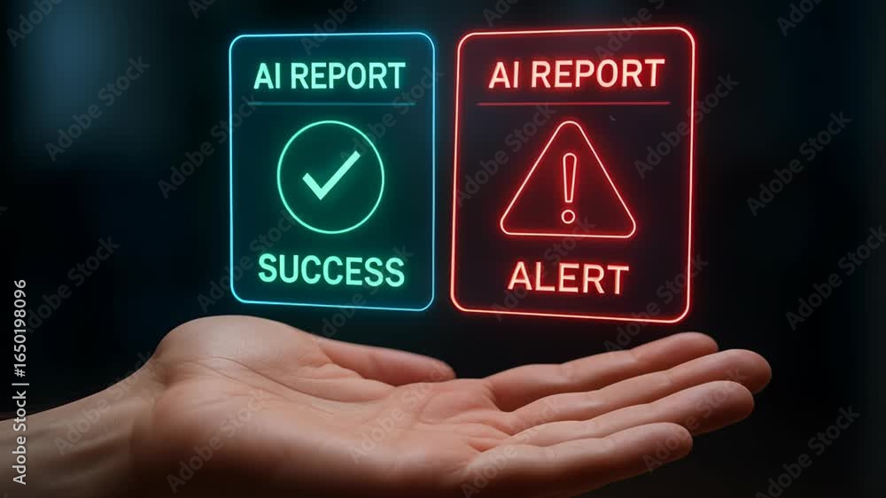 Poster ai report success and alert icons floating above open hand symbolizing automatic task system with ad