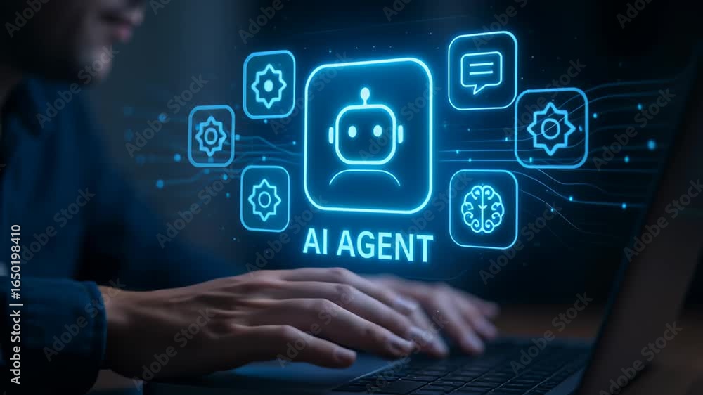 Poster ai system automatic task agent concept with digital interface glowing over laptop keyboard and hands