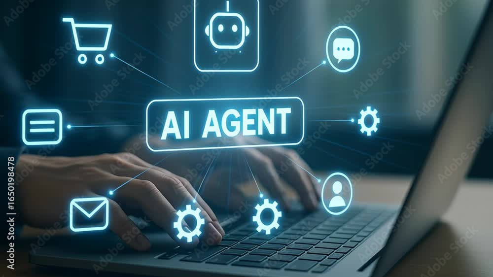 Poster ai agent system with automatic task management laptop keyboard showing fast typing hands and digital