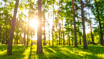 Fototapeta premium Sunlit forest scene with defocused trees and grass.