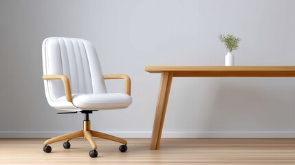 Modern white office chair beside a minimalist wooden table in a bright room.