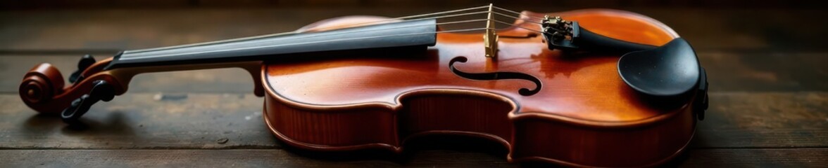 Sleek violin rests on dark wood; rich varnish gleams , sophisticated, mahogany