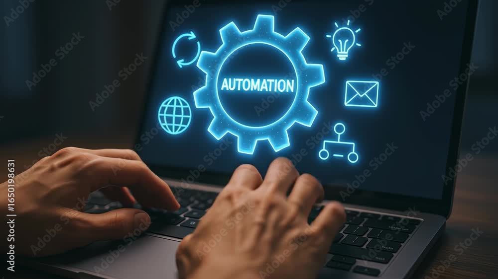 Poster ai automatic system task automation technology on laptop screen with glowing gear icon and hands typ