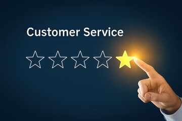 A hand points to a glowing five-star rating for customer service.