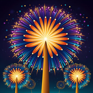 cartoon art illustration of Diwali fireworks from an eye-level perspective. Use rack focus to highlight the spectacular colors and patterns of the fireworks, with a blurred backdrop to keep the attent