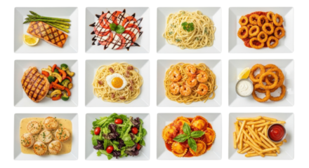 Grilled salmon with asparagus caprese salad spaghetti fried calamari grilled chicken with vegetables pasta with egg shrimp pasta onion rings scallops green salad ravioli french fries white plates