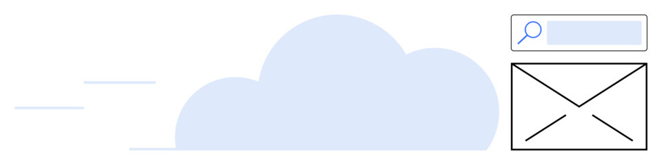 Cloud icon with flowing lines, email envelope, and search bar representing data storage, communication, collaboration, networking, innovation, accessibility. Ideal for tech blog simple landing page