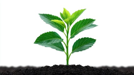 A vibrant green plant emerging from rich dark soil.