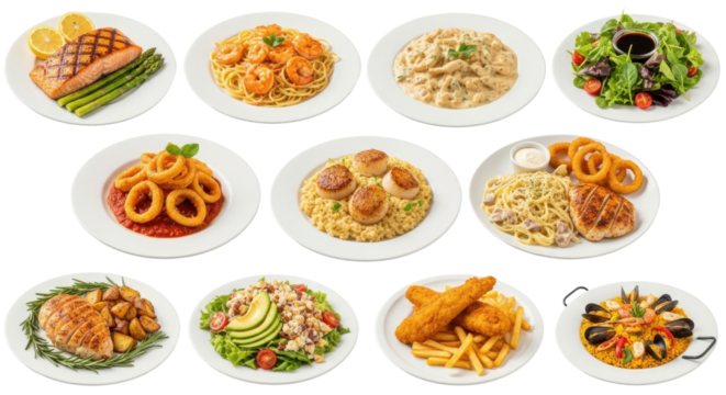 Grilled salmon with asparagus shrimp pasta creamy chicken pasta fresh salad onion rings scallops with risotto grilled chicken with onion rings roasted chicken with potatoes avocado salad fish