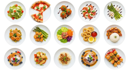 Italian pasta with cherry tomato pizza slice arancini caprese salad grilled asparagus shrimp chicken avocado salad onion rings rice pancakes stir fry and skewers white plates vibrant and appetizing