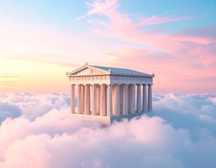 Obraz premium Ethereal concept of a classical marble temple floating in a surreal pastel sky above the clouds