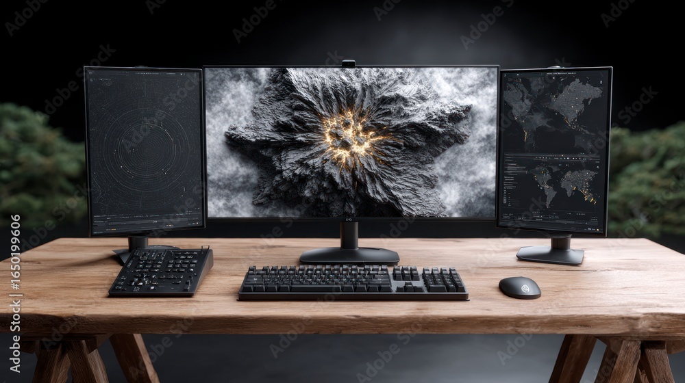 Poster a workstation with three monitors displaying data maps and abstract graphics on a wooden desk