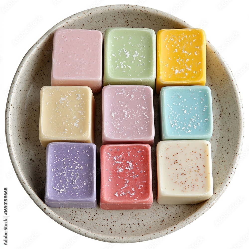 Poster closeup shot of a handmade ceramic soap dish in a pastel color palette displayed on a plain white ba