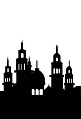 Mosque silhouette vector set for Ramadan and Eid Al-Fitr, featuring a detailed illustration of an Islamic religious building with domes and minarets against a sunset sky and a black and white version.
