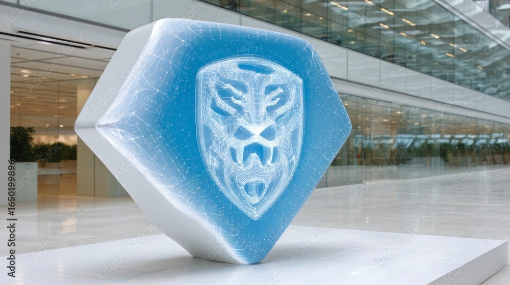Poster futuristic shield emblem displayed within a modern building lobby technology