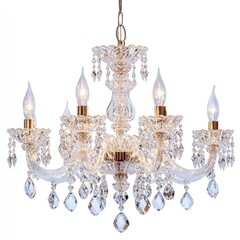Elegant and luxurious crystal chandelier pendant light fixture with sparkling details soft reflections and a pristine white background creating a sophisticated and glamorous interior design element