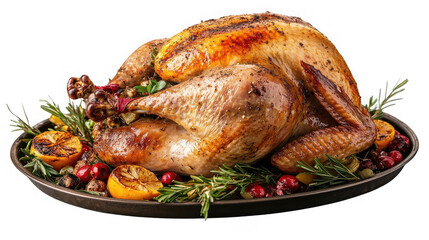 Roasted turkey with citrus and cranberries for holiday celebration on transparent background