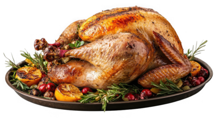 Roasted turkey with citrus and cranberries for holiday celebration on transparent background