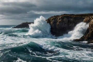 Waves Crashing Coastline: The raw power of the ocean is captured as waves violently crash against the rugged cliffs of the coastline. A dramatic display of nature's strength.