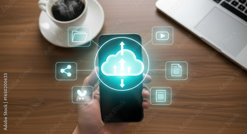 Poster cloud storage data transfer and digital connectivity concept with smartphone in hand icons for file 