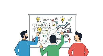 Collaborative Business Strategy Session Depicting Teamwork, Innovation, and Growth, Ideal for Illustrating Business Planning, Project Management, and Creative Problem Solving