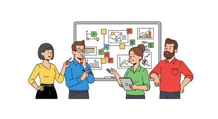 Collaborative Business Strategy Session with Team Analyzing Charts and Data on Whiteboard for Effective Planning and Decision Making