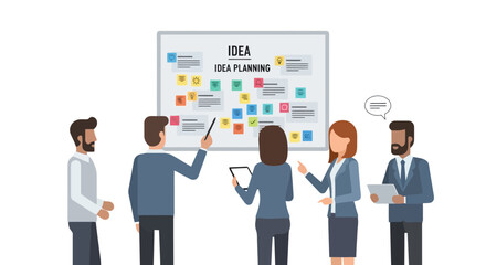Collaborative Business Team Brainstorming and Planning Session with Sticky Notes on Whiteboard, Ideal for Corporate Strategy and Creative Problem Solving