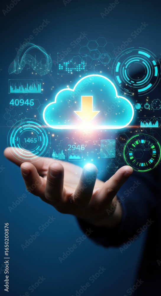 Poster cloud computing data storage futuristic technology digital interface glowing hologram hand gesture i