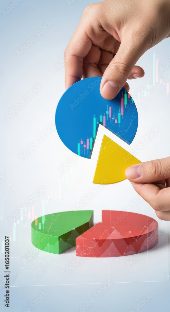 Poster colorful pie chart segments blue yellow green and red held by hands with financial graph overlay rep