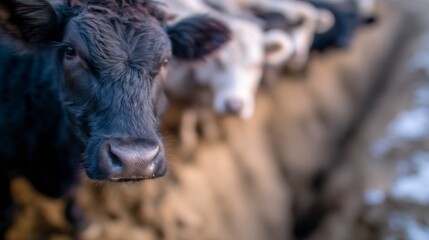 Fototapeta premium Close up on a black calf s face with other cows blurred in the background