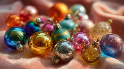 A collection of colorful christmas ornaments scattered on a soft pink velvet surface in a close up view